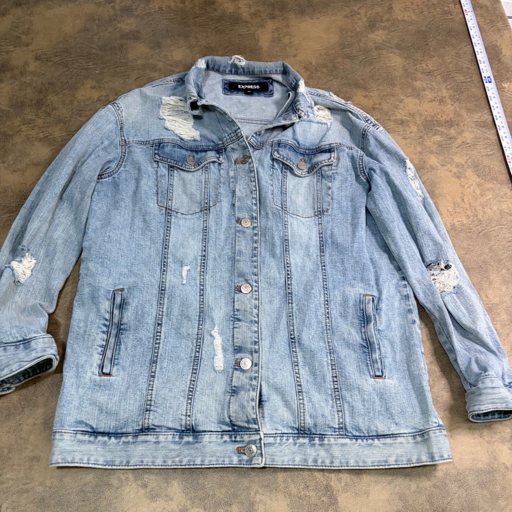 Express Denim Jacket Mens M/L Light Blue Distressed Trucker Jean Coat Distressed
